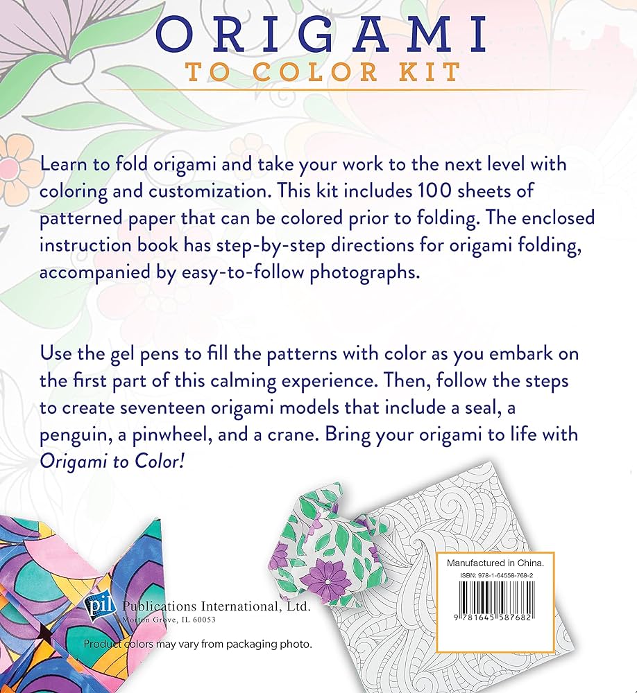 Origami to color kit includes origami sheets gel pens and page instruction book publications international ltd books