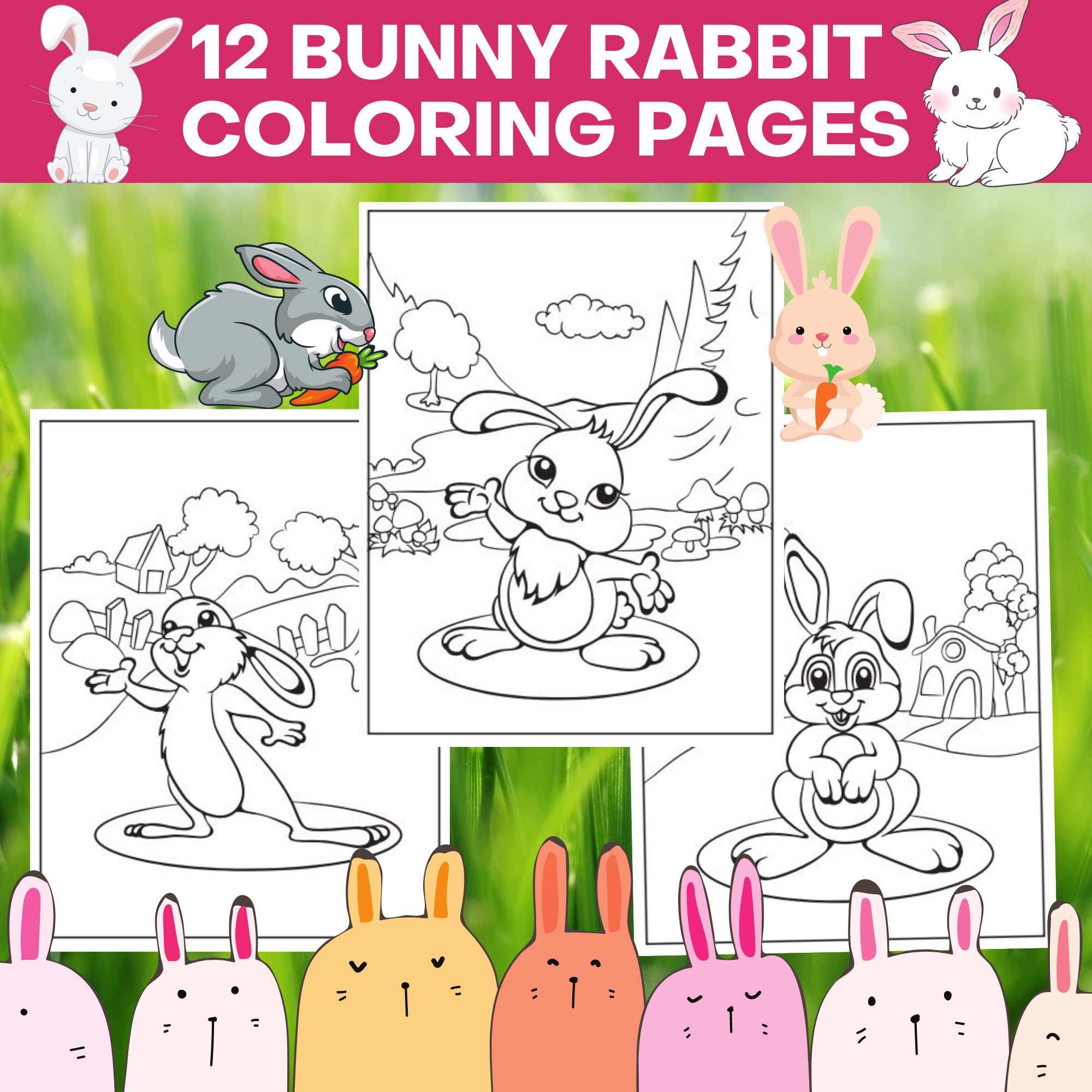 Printable bunny rabbit coloring pages bundle cute bunny printable rabbit coloring sheets bunny rabbit coloring book instant download download now