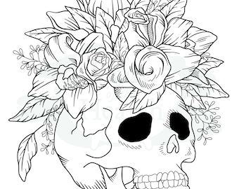 Skull with flowers printable coloring page