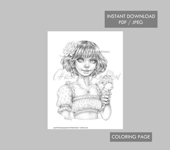 Joys of summer ice cream girl coloring page grayscale illustration instant download printable file jpeg and pdf christine karron