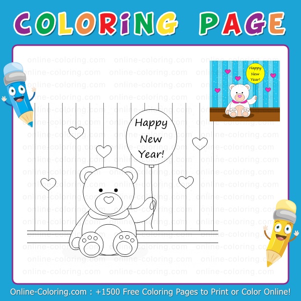 A teddy bear wishing you a happy new year free online coloring page