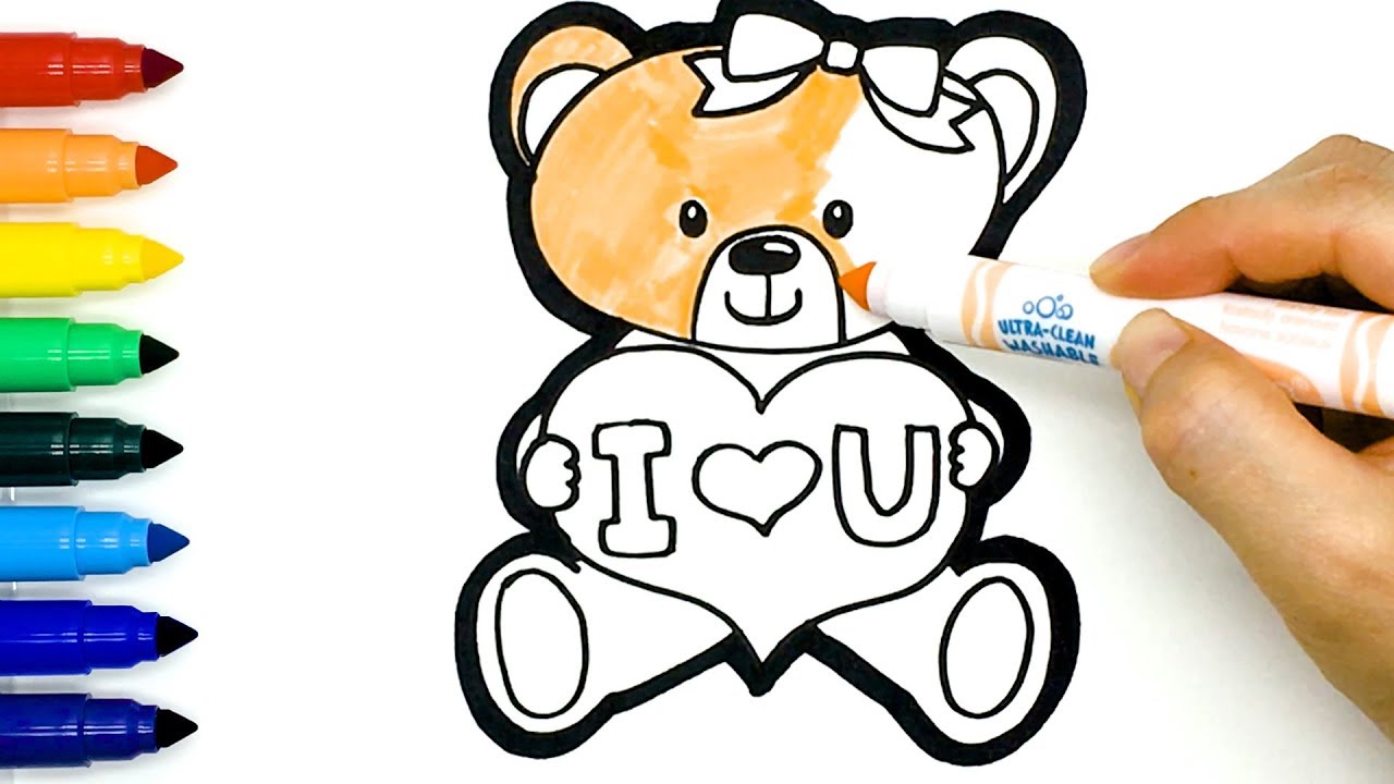 Cute teddy bear holding a heart drawing and coloring easy tutorials for kids how to draw