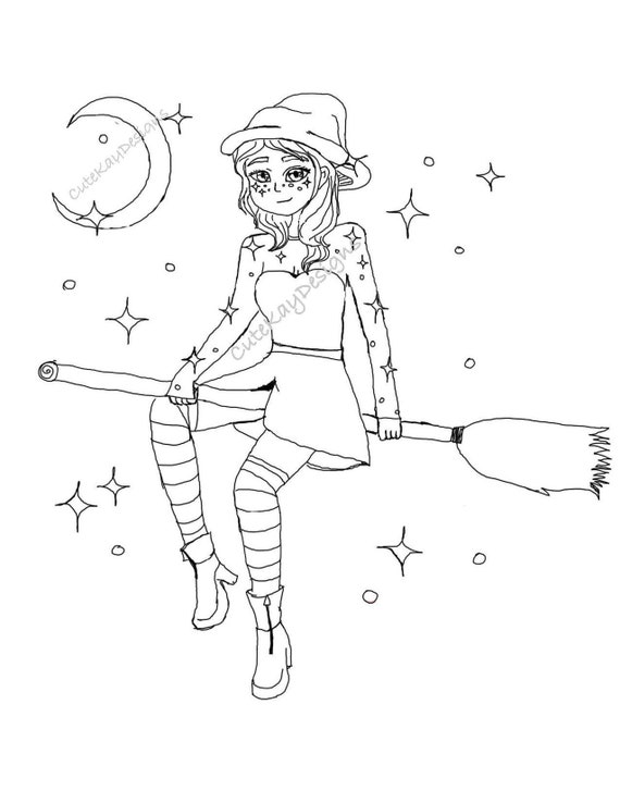 Witch coloring page instant download kids coloring page halloween anime magical girl adult coloring relaxation download now