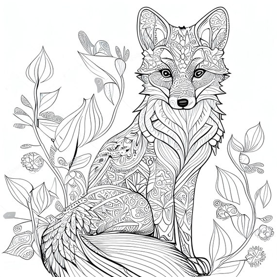 Pack stress relief coloring pages cute fox digital print filigree detailed mandala instant download set coloring pages for adults