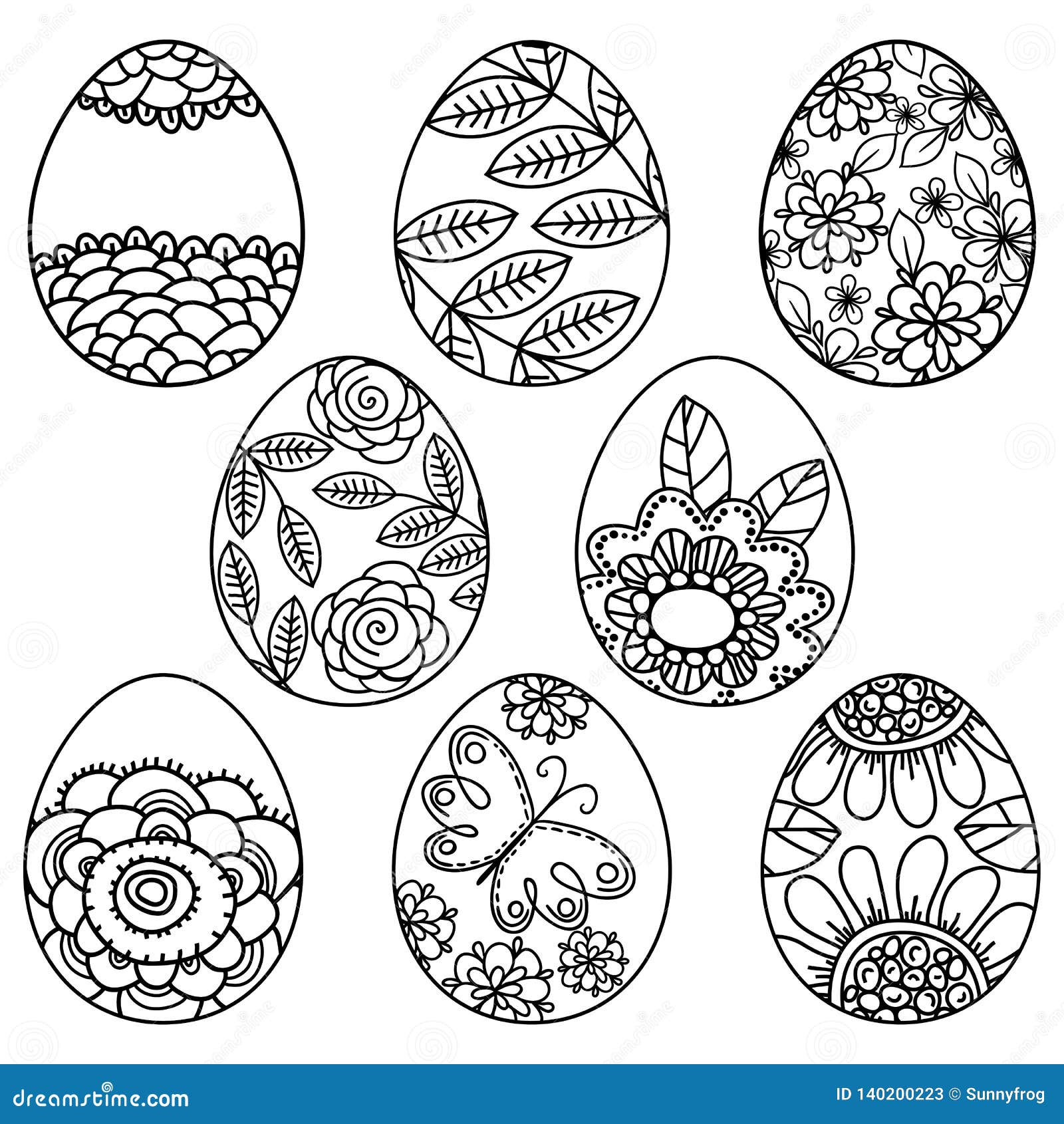 Vector set of easter eggs with floral pattern for coloring book hand