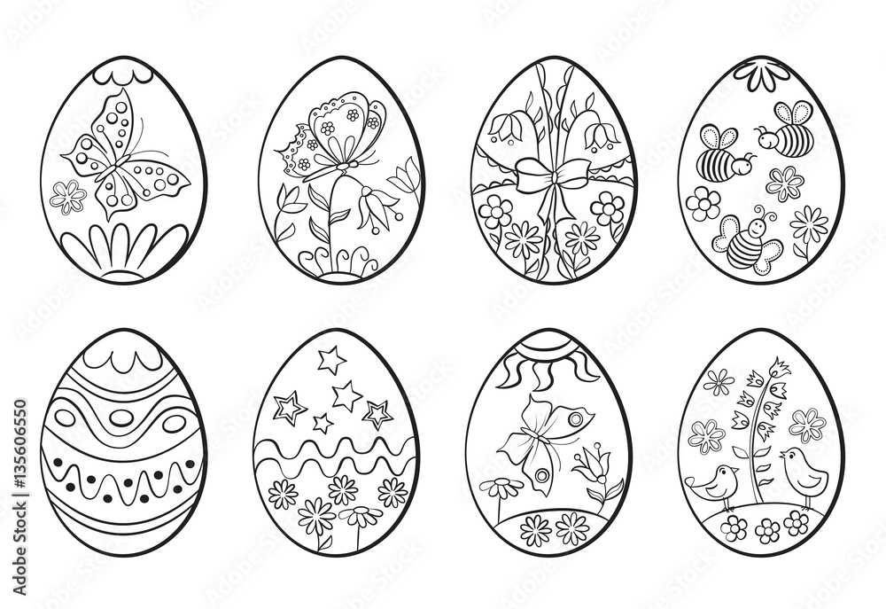 Set of decorative easter eggs coloring page vector