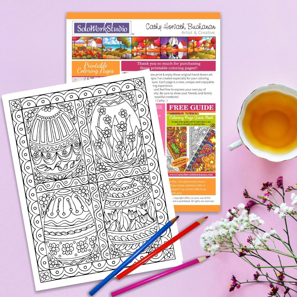 Four fancy eggs easter coloring page pdf download printable â soloworkstudio