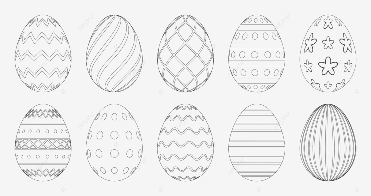 Black and white easter eggs on white background for coloring book vector happy decorative advertising png and vector with transparent background for free download