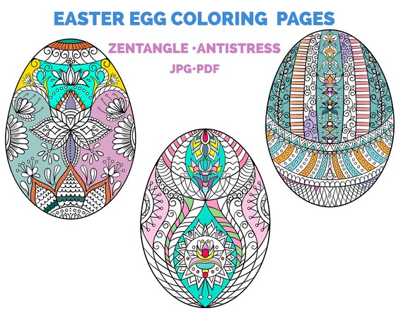 Easter egg printable coloring pdf jpg zentangle designs zen doodle mindfulness colouring decorative egg collection drawing book pages