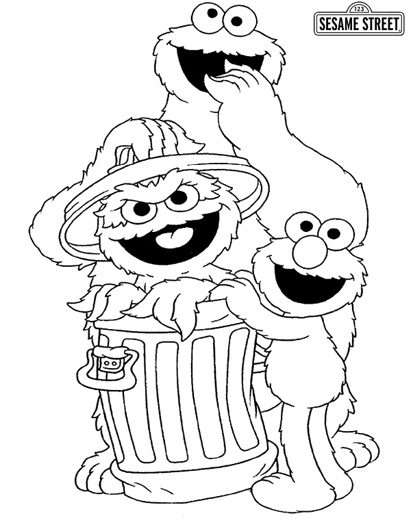 Oscar elmo and cookie monster coloring page