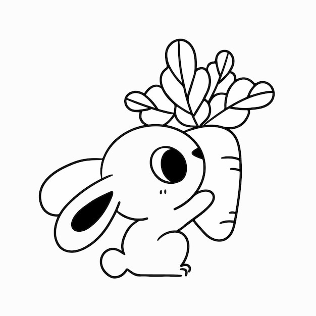 Premium vector cute little bunny playing with carrot coloring page doodle vector illustration