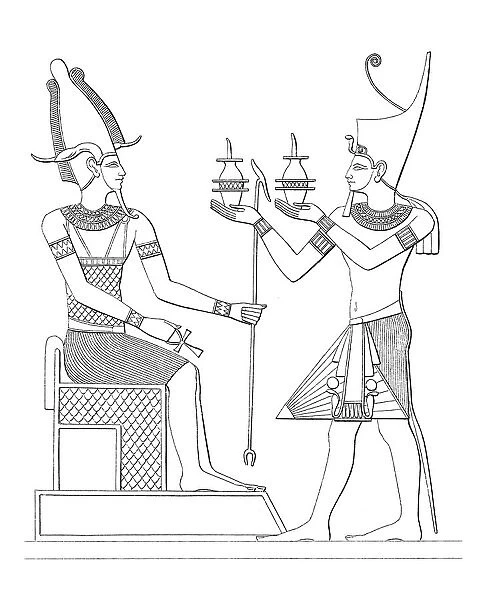 Ancient egyptian king seti i offering to goddess osiris