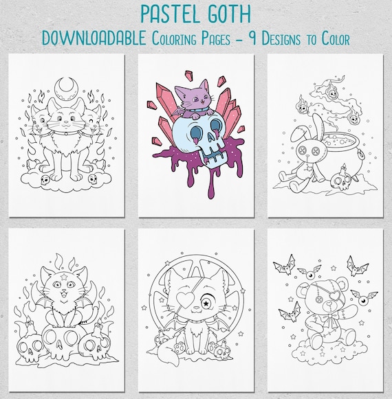 Pãginas para colorear gãticas pastel imprimibles gato demonio oso de peluche lindo aterrador kawaii espeluznante descarga digital en pdf