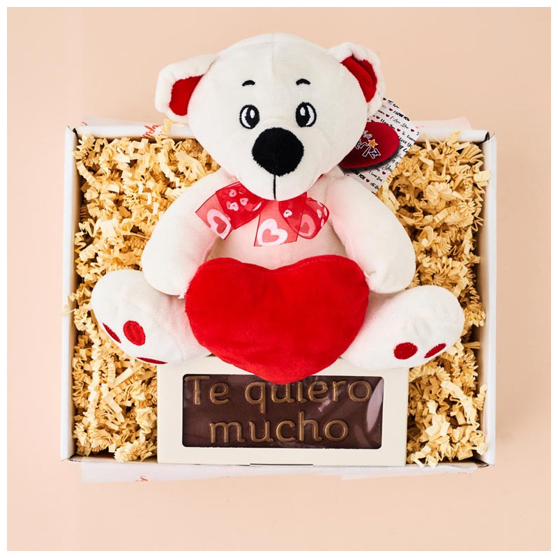 Caja regalo osito amoroso de peluche con chocolate te quiero mucho