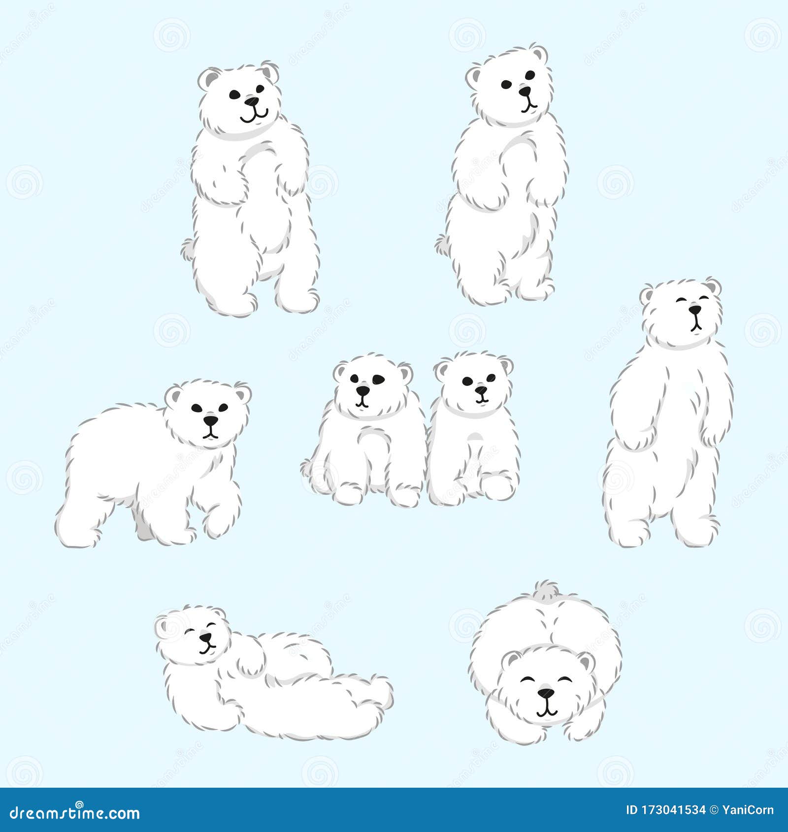 Set of cute furry polar bears isolated cartoon wild animals from red list extinction problem editable vector illustration stock vector