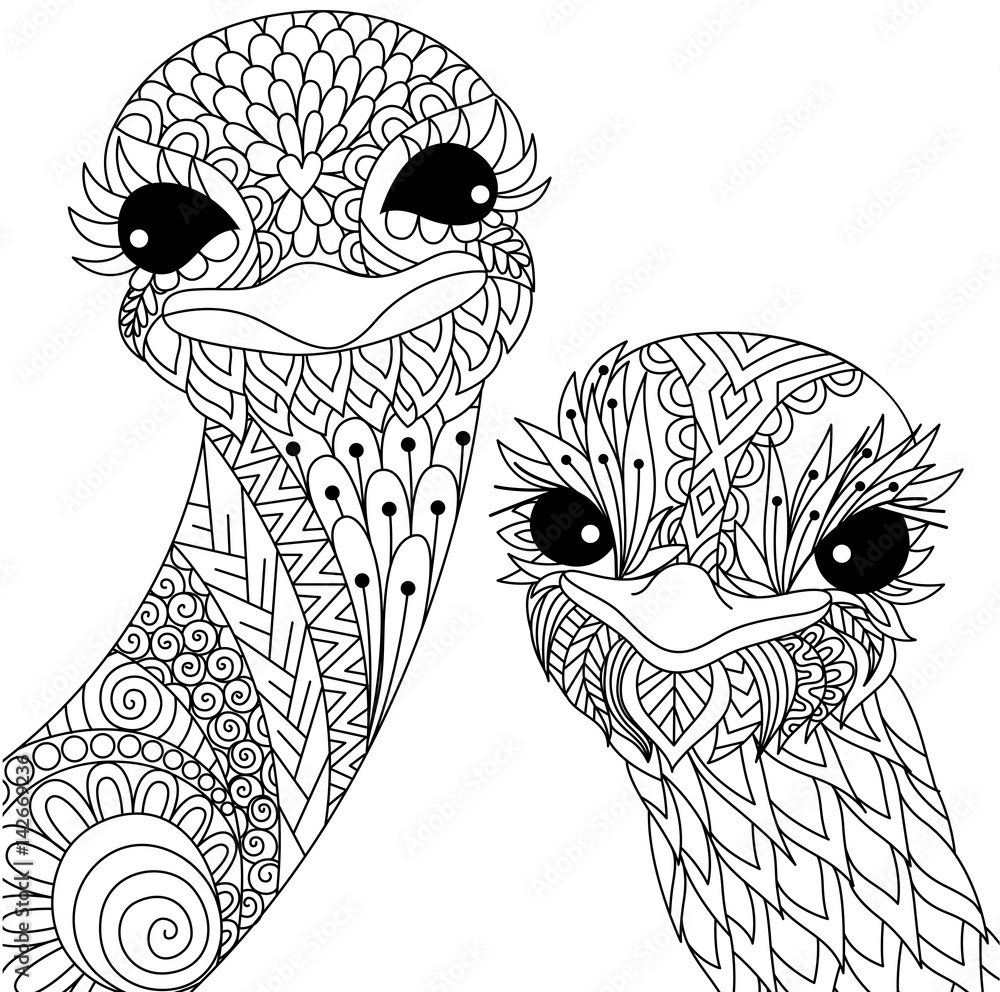 Two cute ostriches line art design for t shirt design and adult coloring book page vector vector