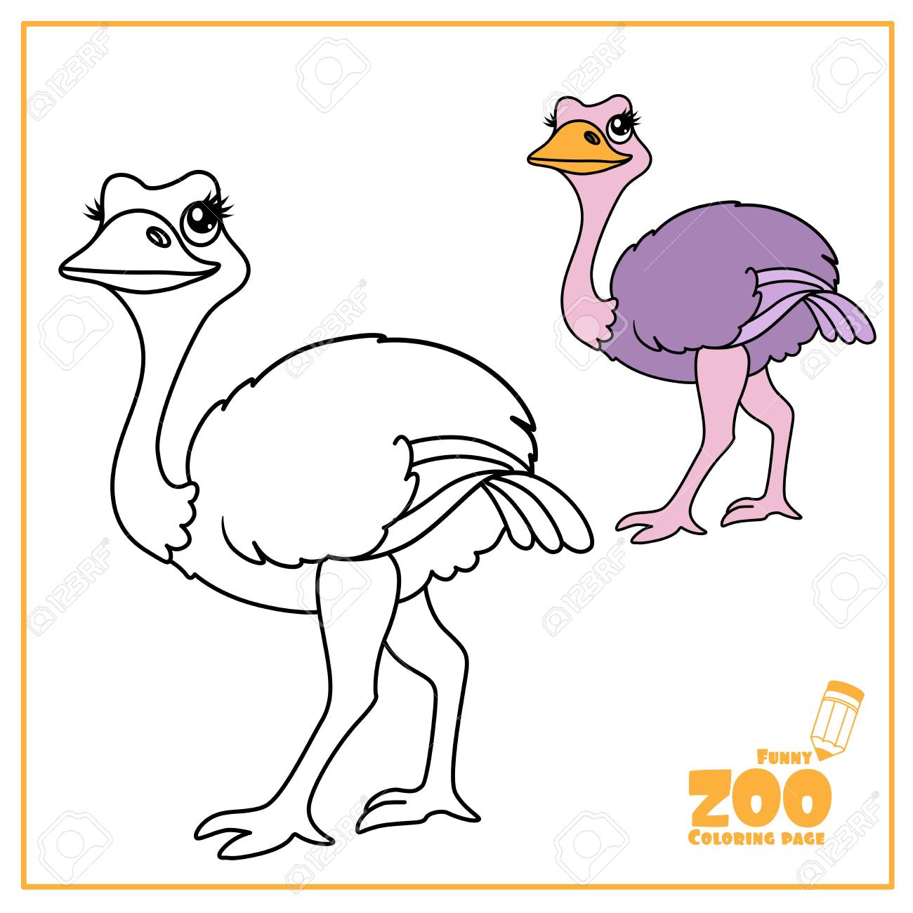 Cute cartoon ostrich color and outlined on a white for coloring page royalty free svg cliparts vectors and stock illustration image