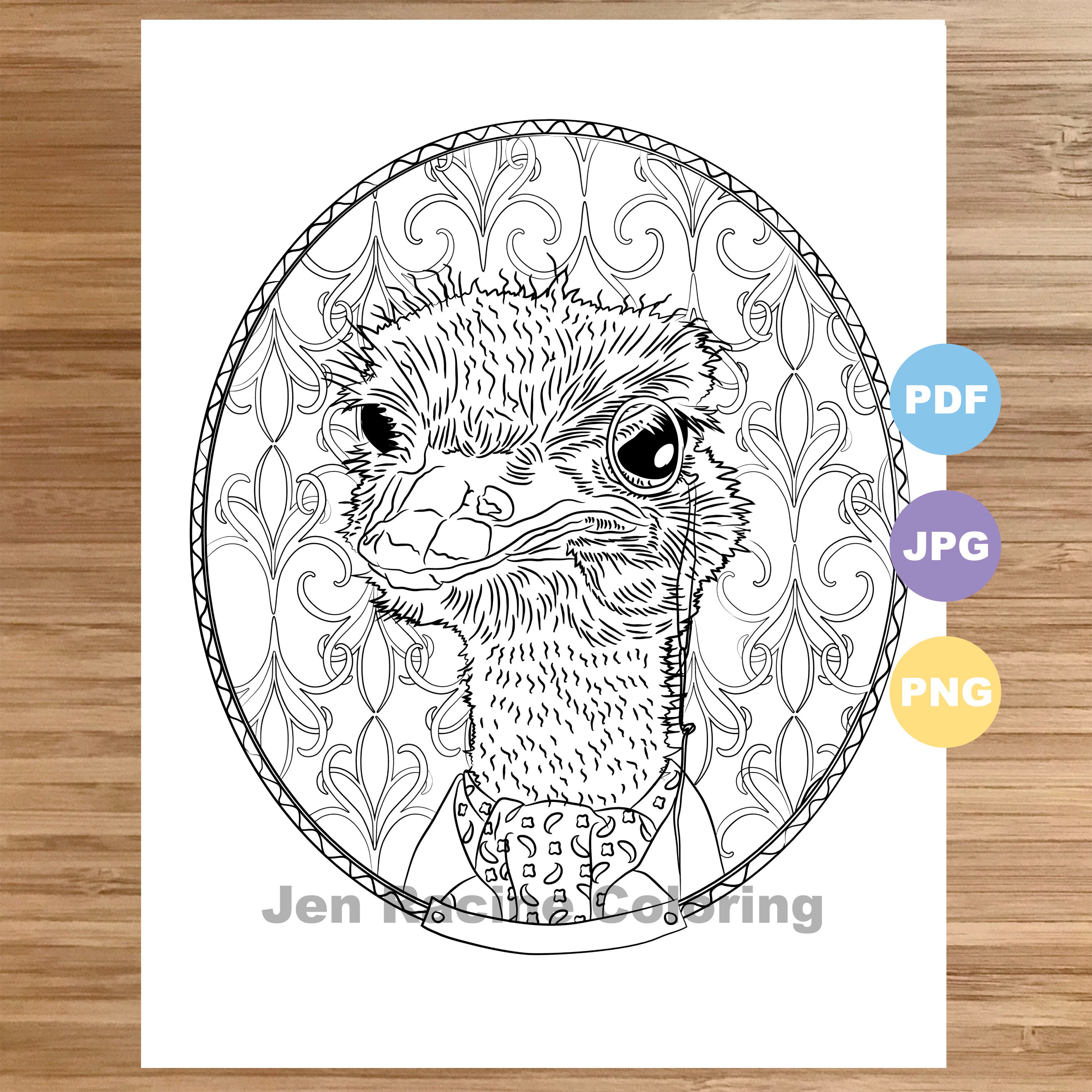 Ostrich coloring page animal portrait animal in clothes