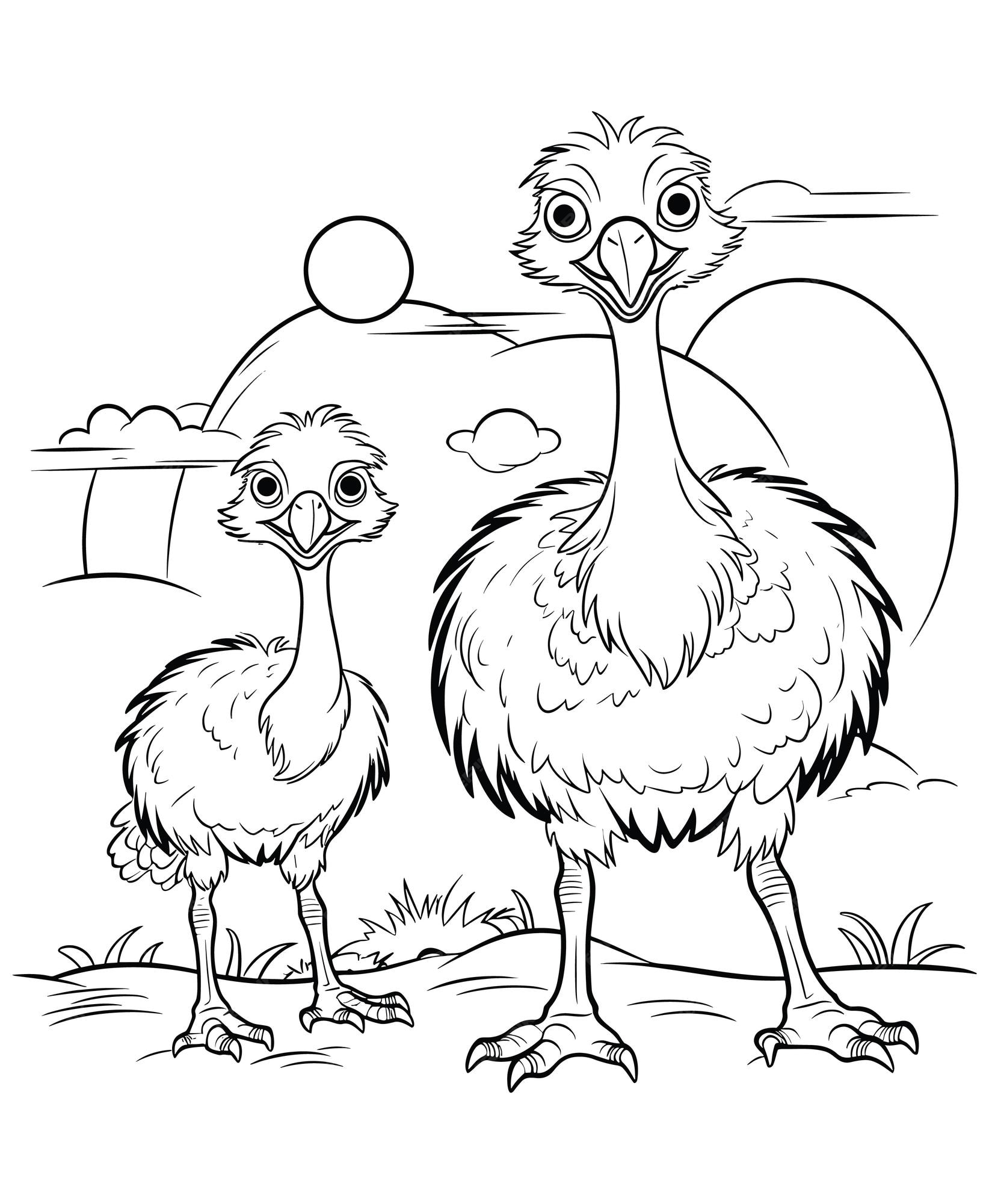 Premium vector ostrich having a baby coloring pages