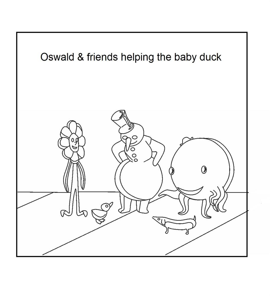 Oswald and friend helping baby duck coloring page printable