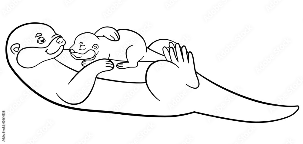 Coloring pages mother otter swims with her cute baby vector