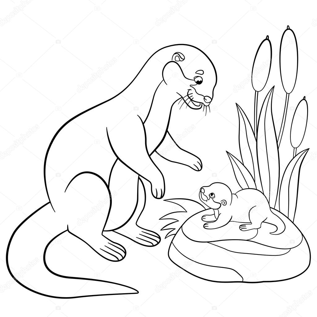 Coloring pages mother otter looks at her cute baby stock vector by ya