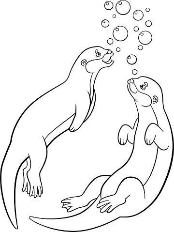 Coloring pages two little cute otters swim stock illustration