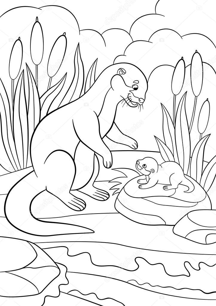 Coloring pages mother otter looks at her cute baby stock vector by ya