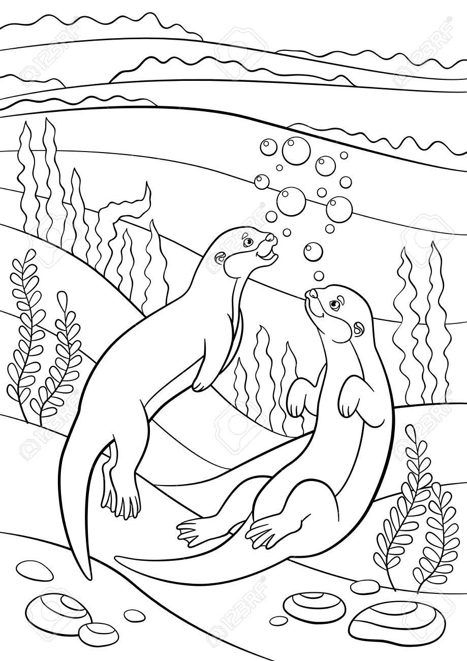 Coloring pages two little cute otters swim in the river and smile royalty free svg cliparts vectors and stock illustration image