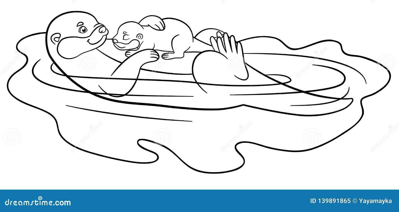 Coloring pages mother otter swims with her cute baby stock vector