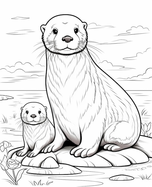 Premium ai image a coloring page of a baby otter and its mother generative ai