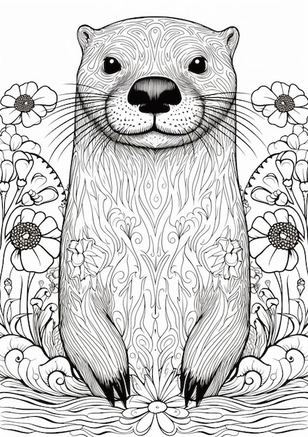 Premium ai image a coloring page of an otter with flowers and leaves generative ai