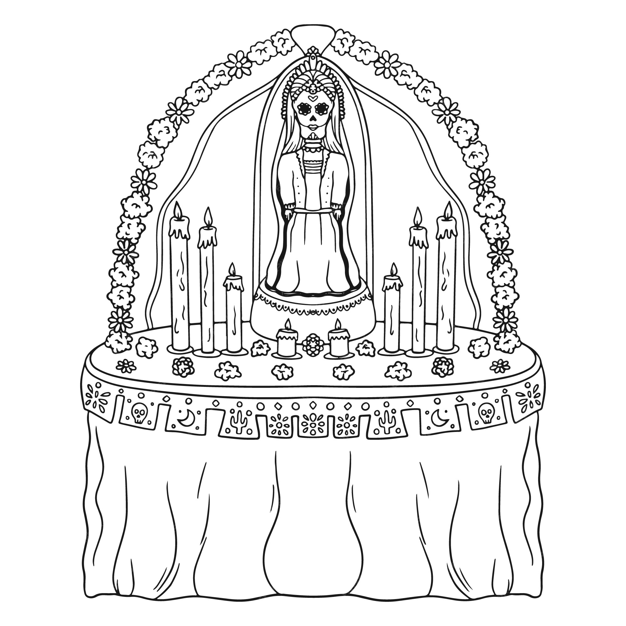 Free vector hand drawn altar de dia de muertos coloring page illustration