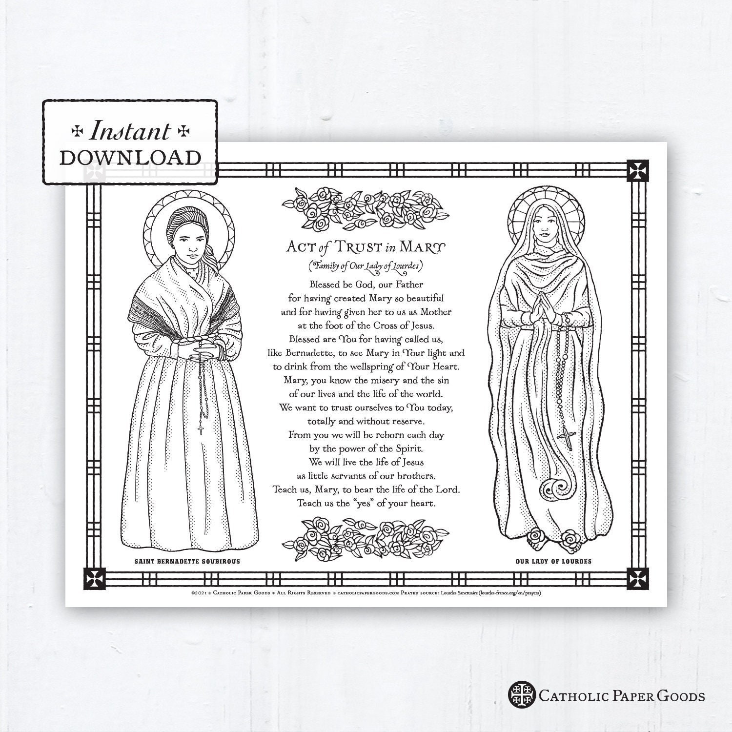 Catholic coloring page our lady of lourdes saint bernadette soubirous catholic saints prayer printable coloring page digital pdf