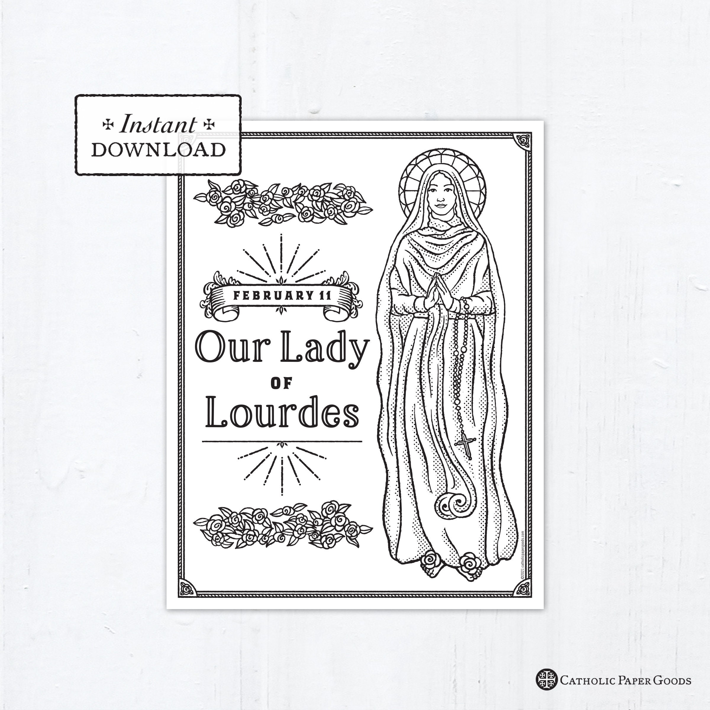 Catholic coloring page our lady of lourdes catholic saints printable coloring page digital pdf