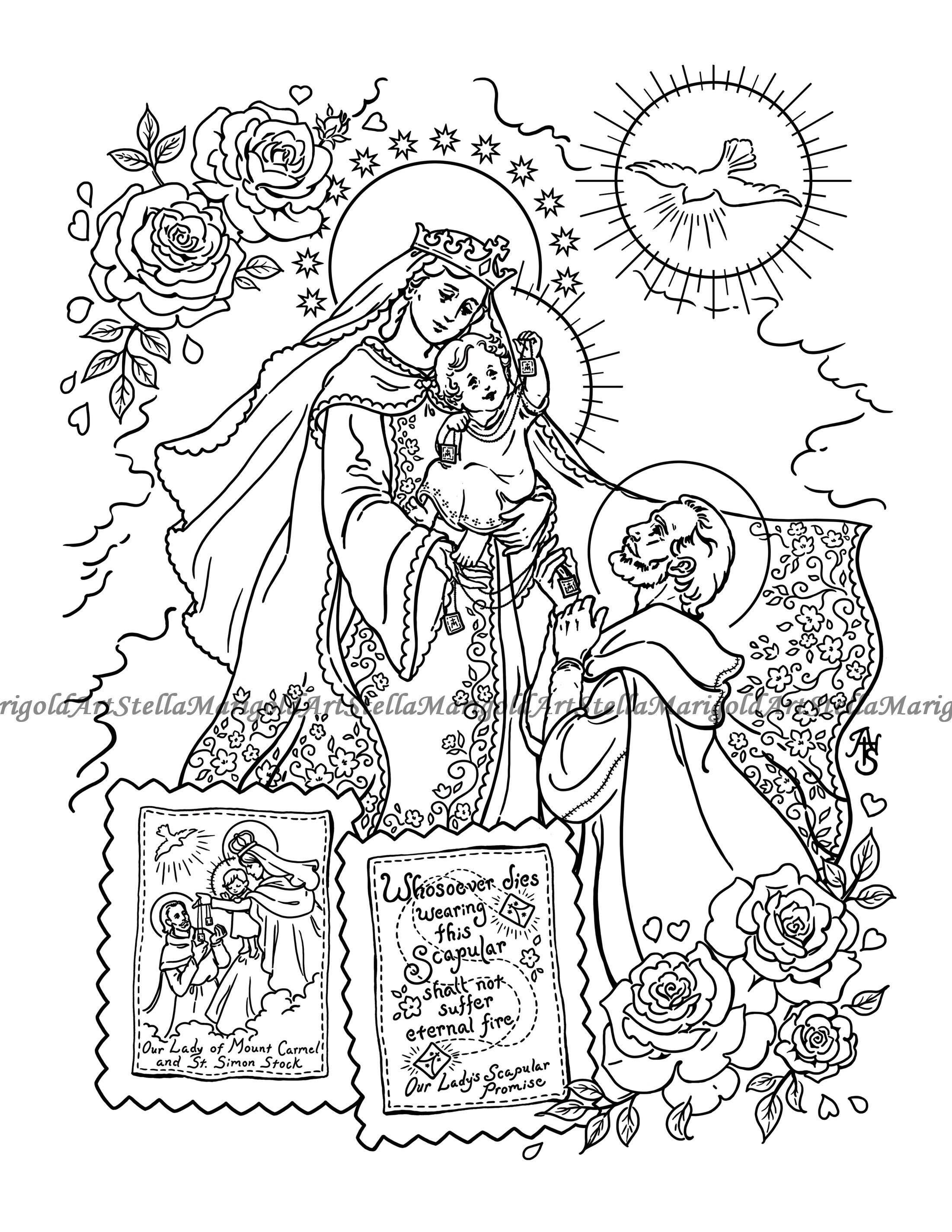 Digital download our lady of mount carmel saint simon stock and the brown scapular coloring page