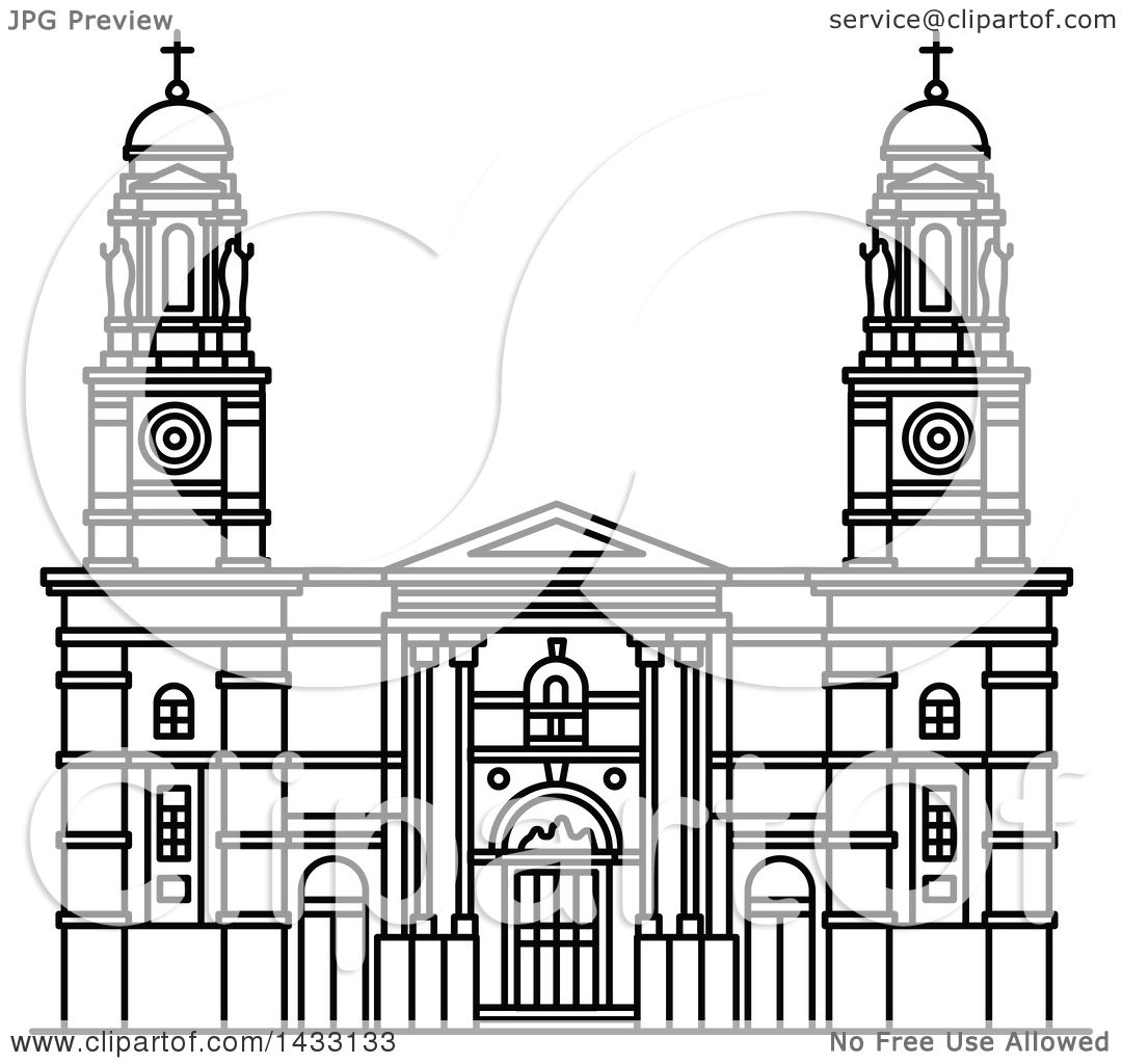 Clipart of a black and white line drawing styled uruguay landmark church of our lady of the mount carmel