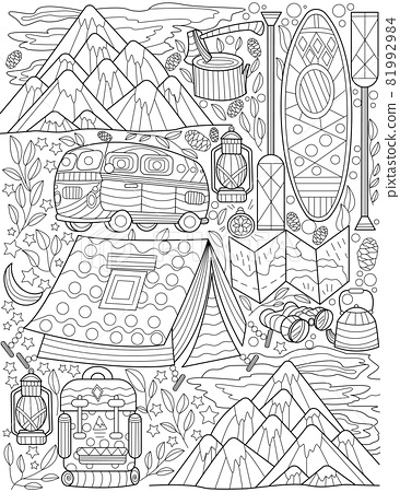 Outdoor camping doodle mountains small bus