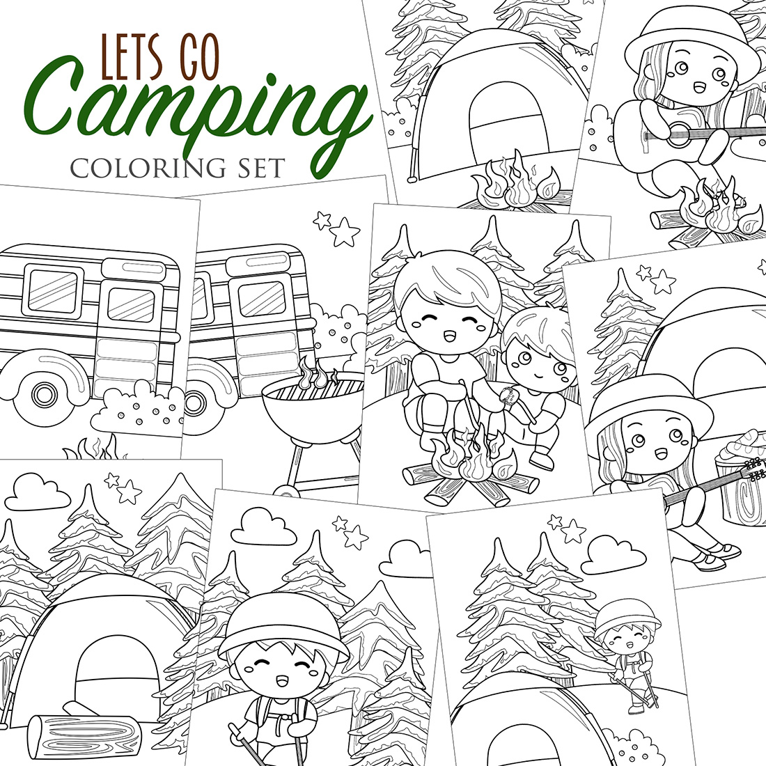 Fun holiday lets go camping outdoor activity coloring pages for kids and adult