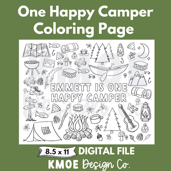 Camping birthday camping coloring page one happy camper camping birthday first birthday custom st birthday party kids activity printable