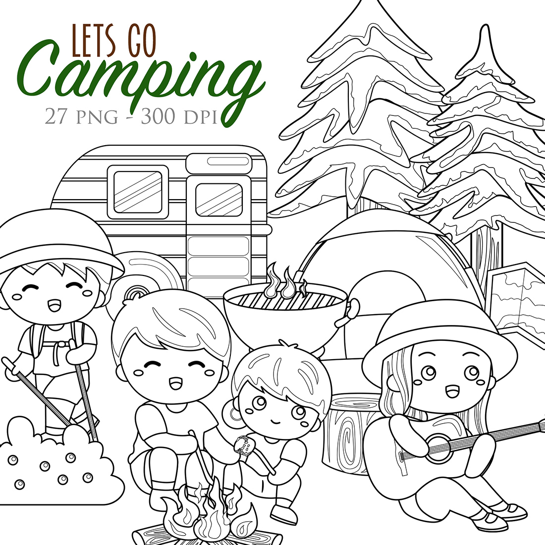 Fun kids holiday outdoor activity camping hiking sport digital stamp outline