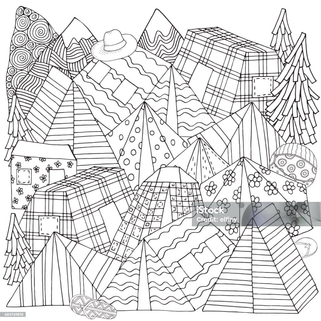 Pattern for coloring book with tents mountains parking of tourists camping illustration outdoor recreation hiking stock illustration