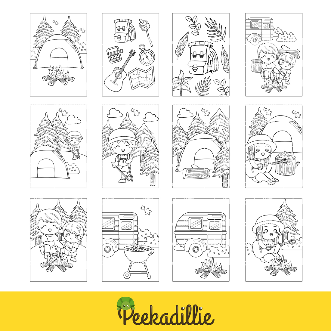 Fun holiday lets go camping outdoor activity coloring pages for kids and adult