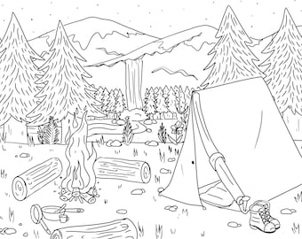 Printable coloring page forest campsite