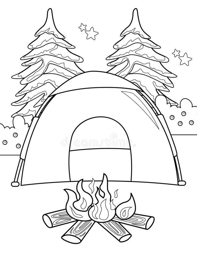 Camping tent outdoor activity coloring pages a for kids and adult stock illustration