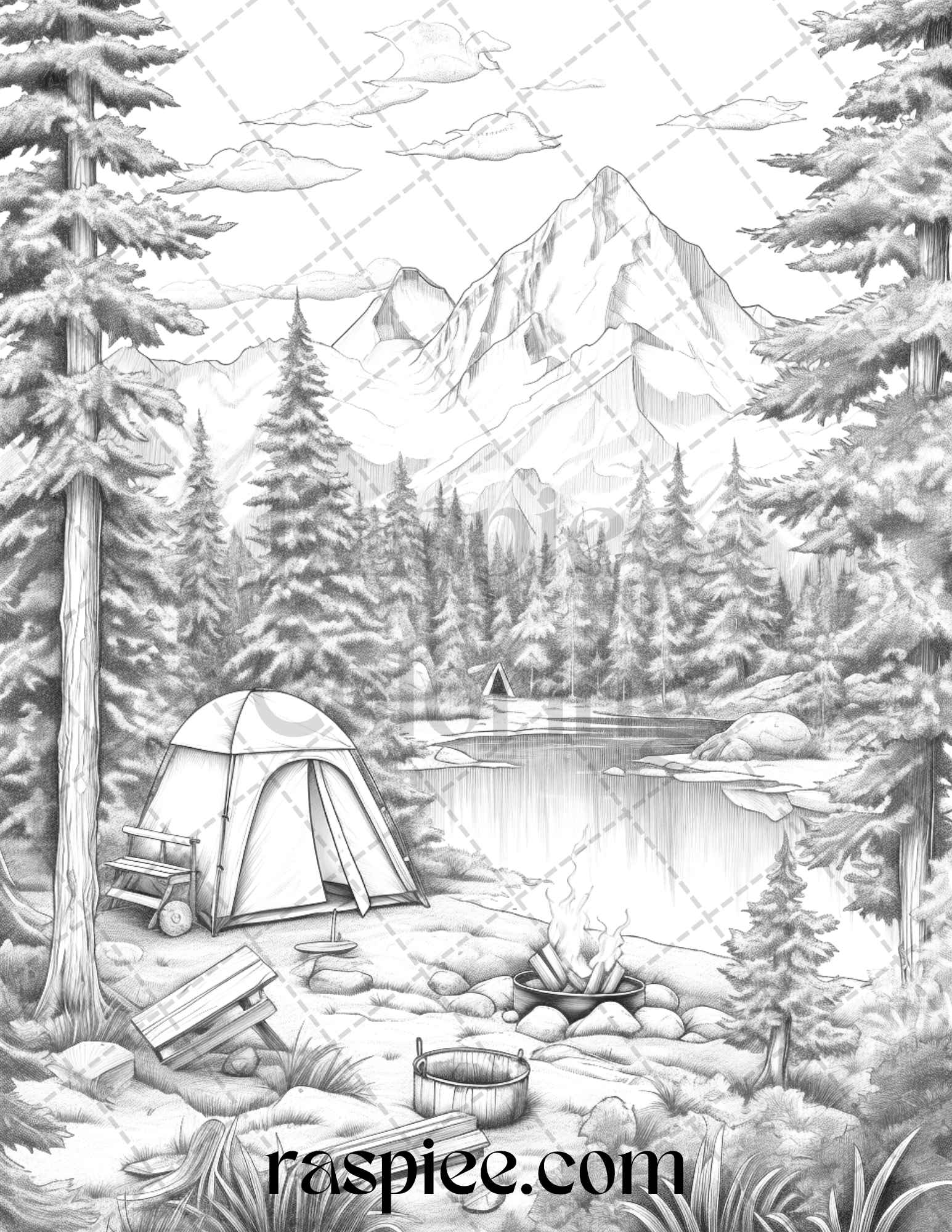 Nature camping grayscale coloring pages printable relaxing outdoor sc â coloring