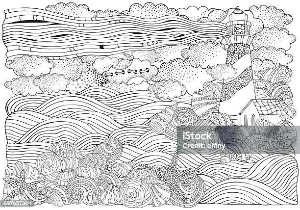 Lighthouse and shells seascape coloring book page for adult stock illustration