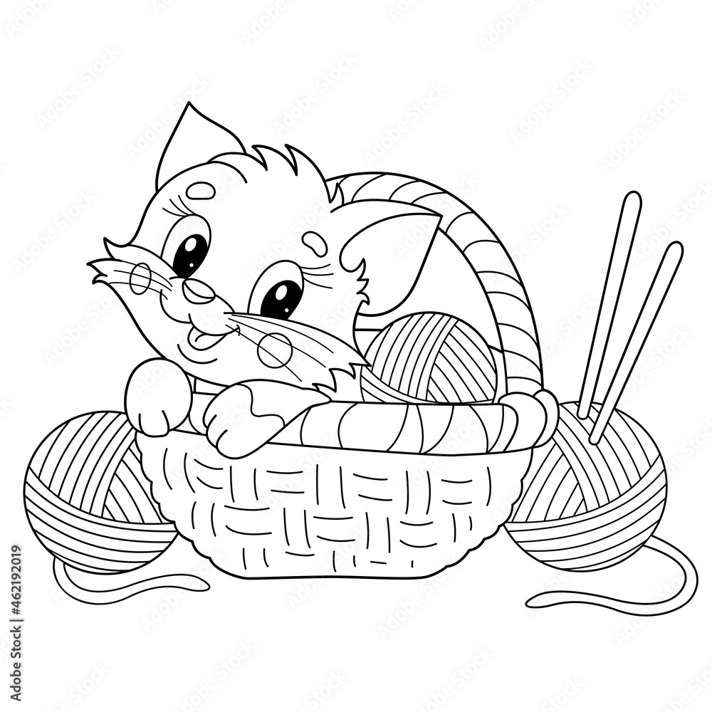 Coloring page outline of cartoon little cat in basket with balls of yarn cute kitten pet coloring book for kids vector