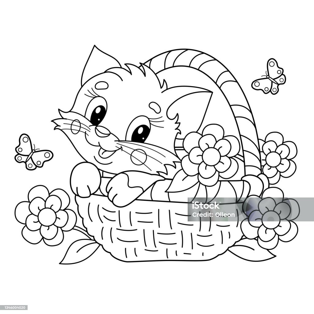 Coloring page outline of cartoon little cat in flower basket fluffy gift cute kitten pet coloring book for kids stock illustration
