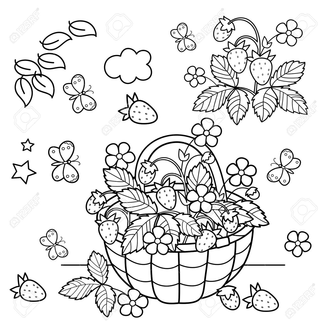Coloring page outline of cartoon basket of berries garden strawberry summer gifts of nature coloring book for kids royalty free svg cliparts vectors and stock illustration image